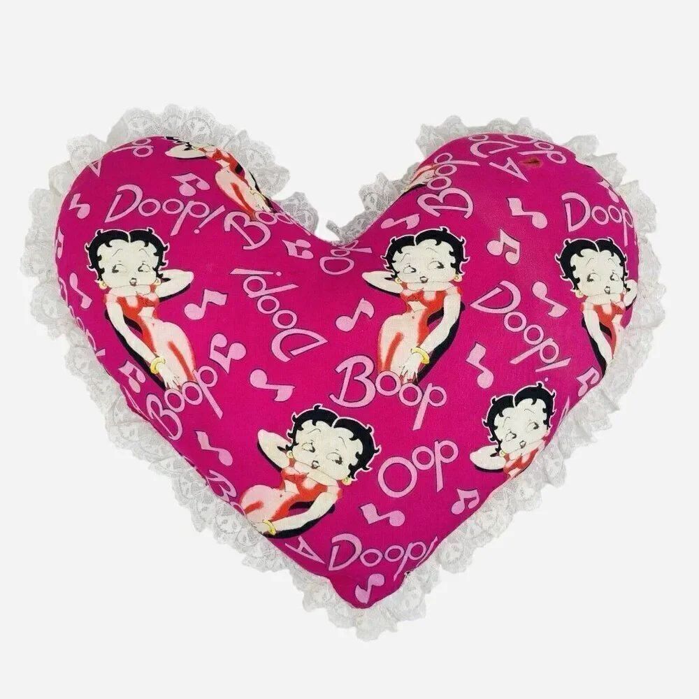 Vintage 1980s Betty Boop 15" Heart Pillow Pink Lace Handmade Doop Music Notes